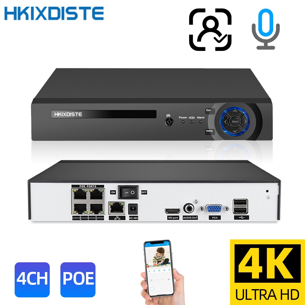H.265 울트라 HD 4K 4 채널 PoE NVR 오디오 감시 보안 비디오 레코더 야외 1080p 4mp 5mp 8MP POE IP 카메라